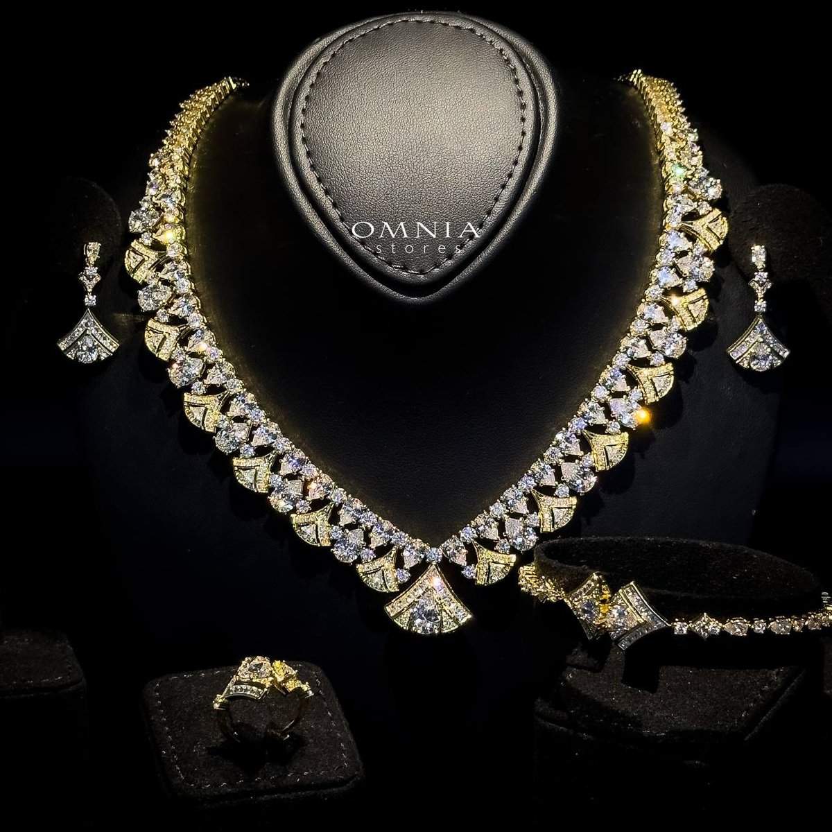 Omnia Elizabeth Golden Bridal Full Set with Pear and Round Cut High-Quality Simulated Diamonds in an Elegant Gold-Tone Rhodium Plated Finish - OMNIASTORES UAE