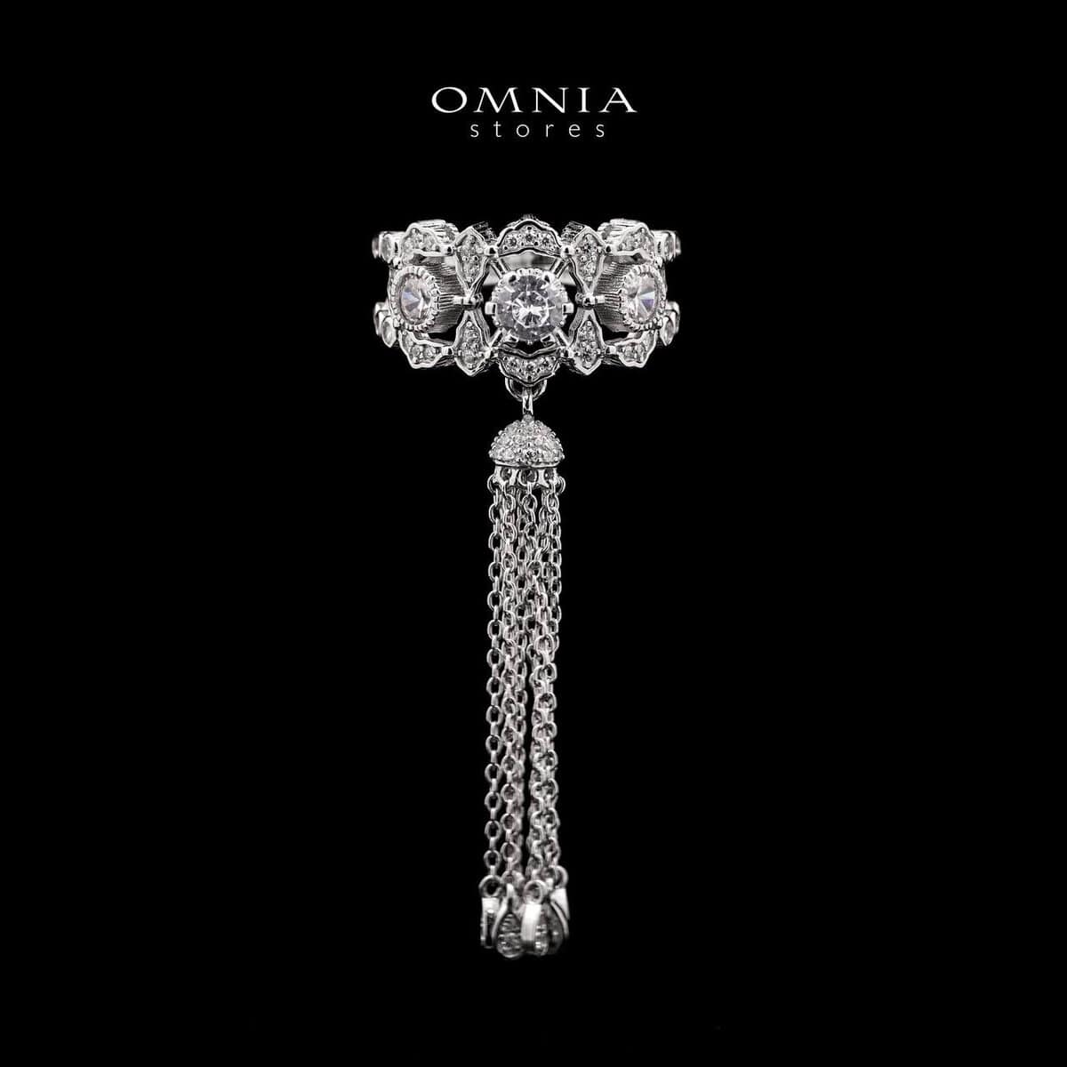 Omnia Yasmin White Vintage-Inspired Ring with Tassel Chain Detailing and High-Quality Simulated Diamonds in a Rhodium Plated Finish - OMNIASTORES UAE