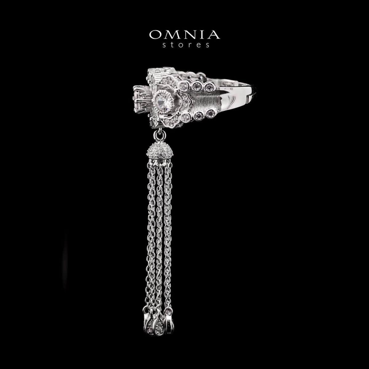 Omnia Yasmin White Vintage-Inspired Ring with Tassel Chain Detailing and High-Quality Simulated Diamonds in a Rhodium Plated Finish - OMNIASTORES UAE