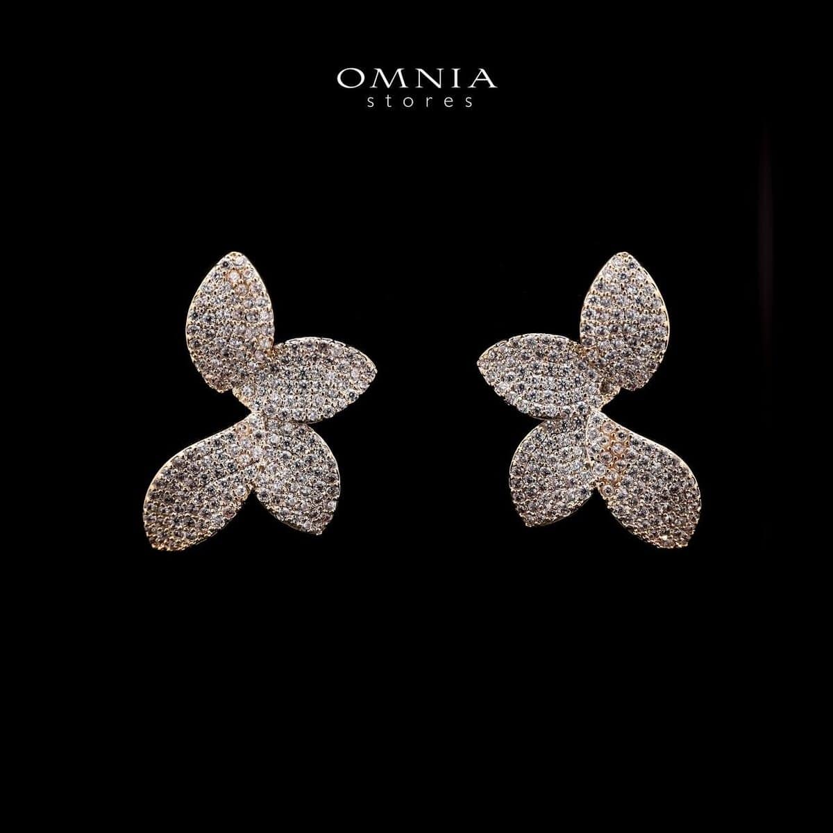 Omnia Rhina Golden Floral Petal Earrings with Pave-Set High-Quality Zircon Stones in a Gold-Tone Rhodium Plated Finish - OMNIASTORES UAE