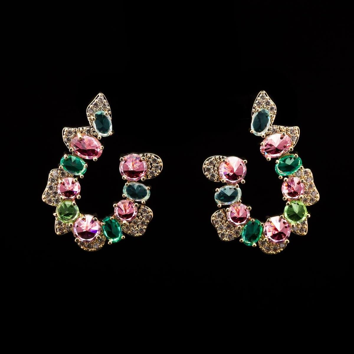 Omnia Samia Multi-Colored Hoop Earrings with Pink, Green, and Blue High-Quality Zircon Stones in a Gold-Tone Rhodium Plated Finish - OMNIASTORES UAE