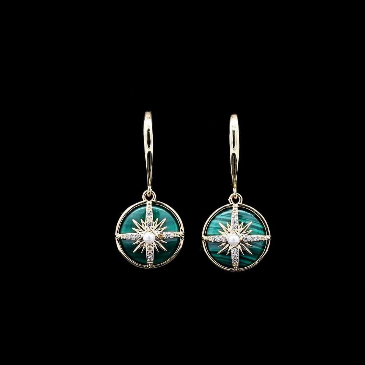 Omnia Afiya Earring in malachite Stone in High Quality Zircon Stone in Rhodium Plated - OMNIASTORES UAE