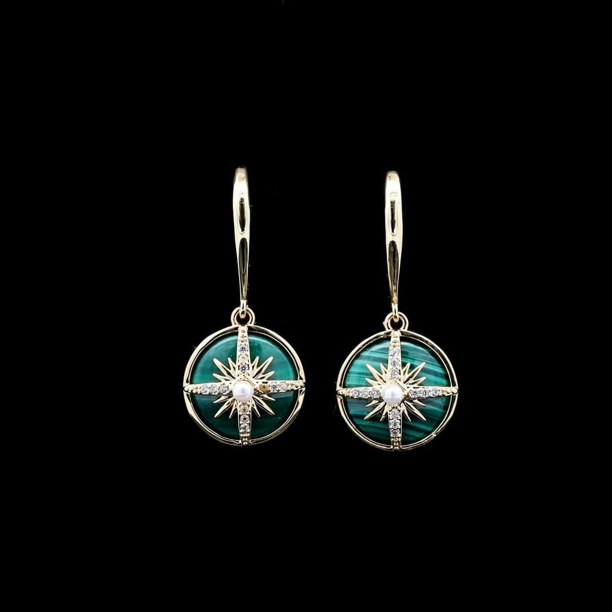 Omnia Afiya Earring in malachite Stone in High Quality Zircon Stone in Rhodium Plated - OMNIASTORES UAE