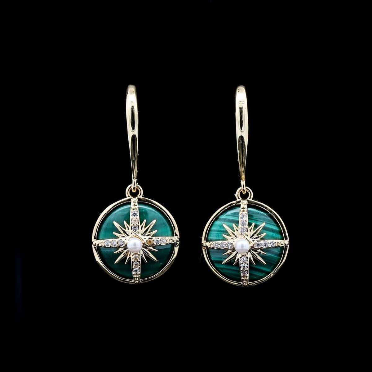 Omnia Afiya Earring in malachite Stone in High Quality Zircon Stone in Rhodium Plated - OMNIASTORES UAE