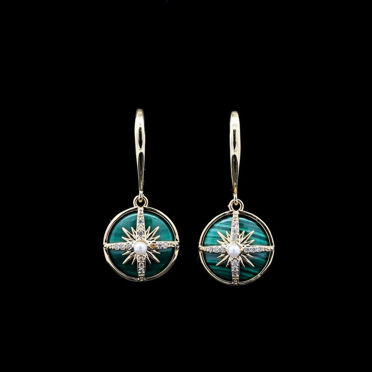 Omnia Afiya Earring in malachite Stone in High Quality Zircon Stone in Rhodium Plated - OMNIASTORES UAE