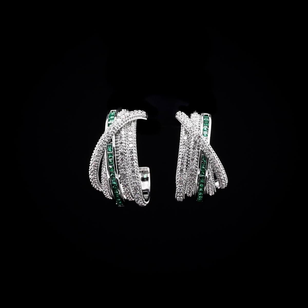 Omnia Emerald Radiance Double Tone Wrap Hoop Earrings in High Quality Rhodium Plated - OMNIASTORES UAE