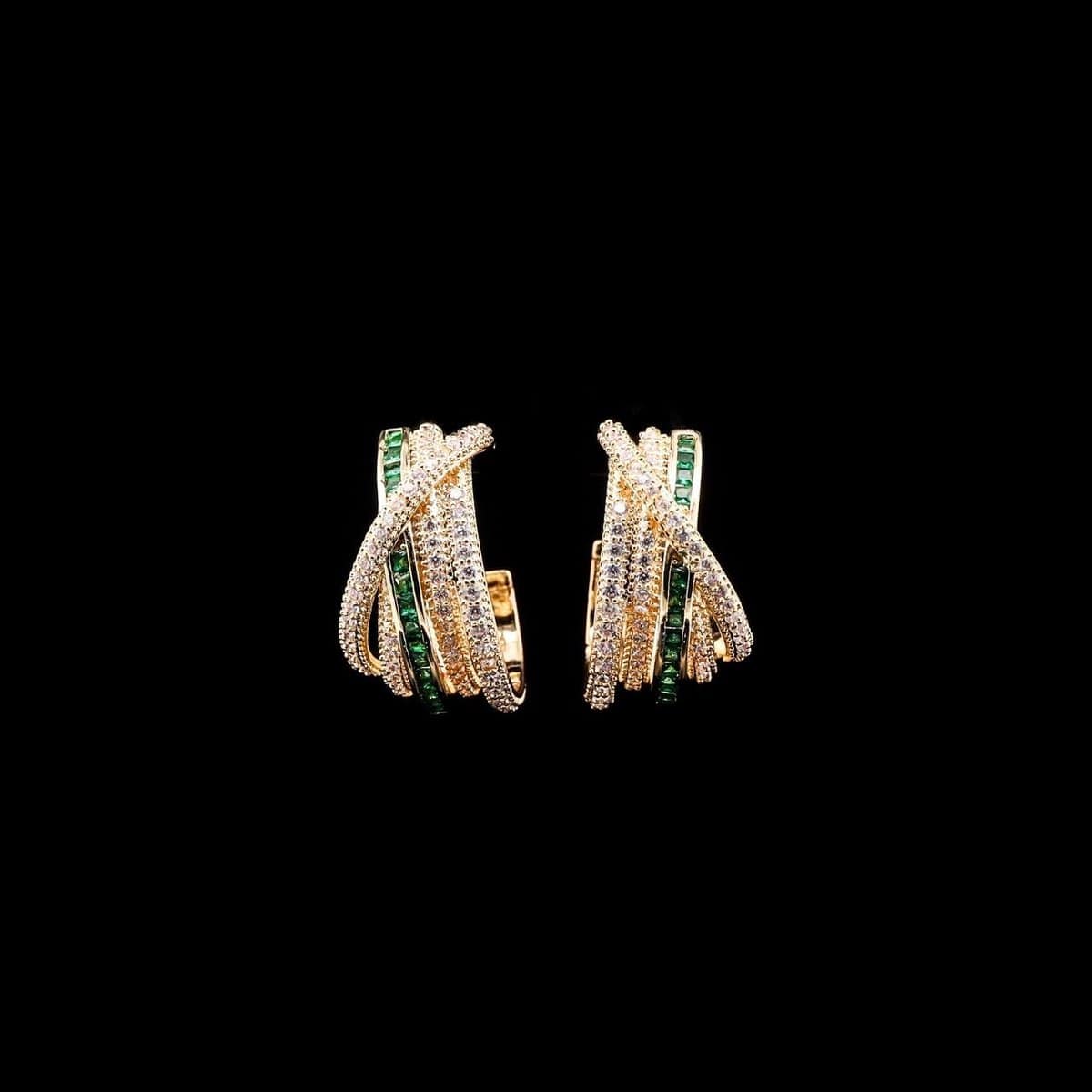 Omnia Emerald Glow Double Tone Wrap Hoop Earrings in High Quality Rhodium Plated - OMNIASTORES UAE