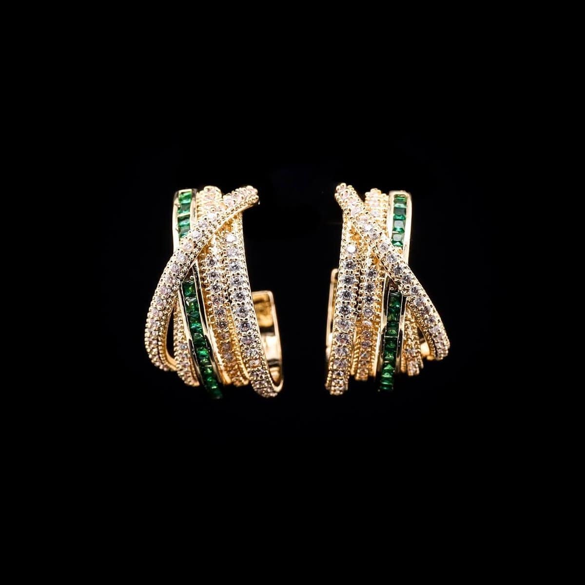 Omnia Emerald Glow Double Tone Wrap Hoop Earrings in High Quality Rhodium Plated - OMNIASTORES UAE