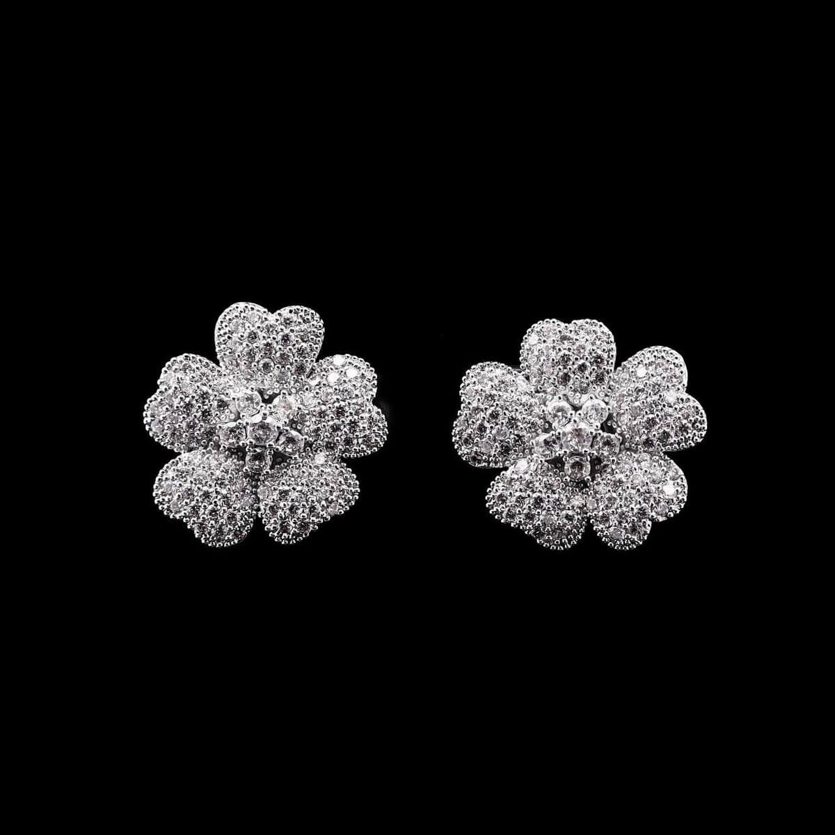 Omnia Lamis Silver Floral Earrings with Textured Petals and Pave-Set High-Quality Zircon Stones in a Rhodium Plated Finish - OMNIASTORES UAE