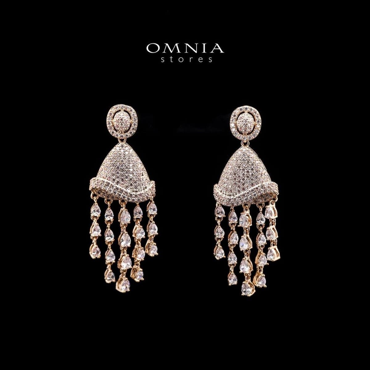 Omnia Gold Dome Drop Earrings with Pave-Set and Pear-Cut High-Quality Simulated Diamonds in a Gold-Tone Rhodium Plated Finish - OMNIASTORES UAE
