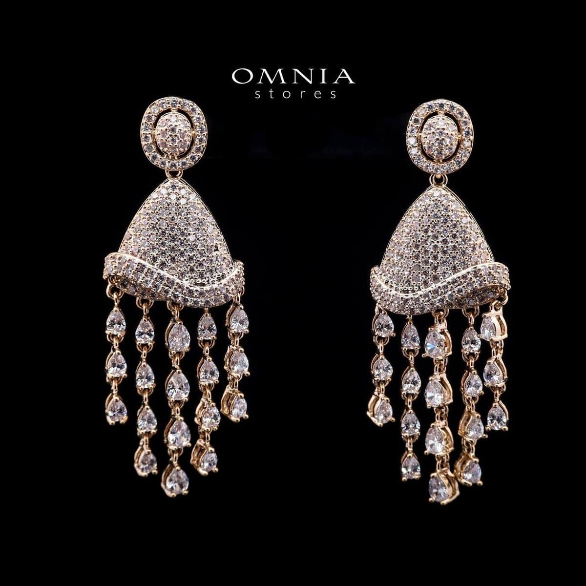 Omnia Gold Dome Drop Earrings with Pave-Set and Pear-Cut High-Quality Simulated Diamonds in a Gold-Tone Rhodium Plated Finish - OMNIASTORES UAE