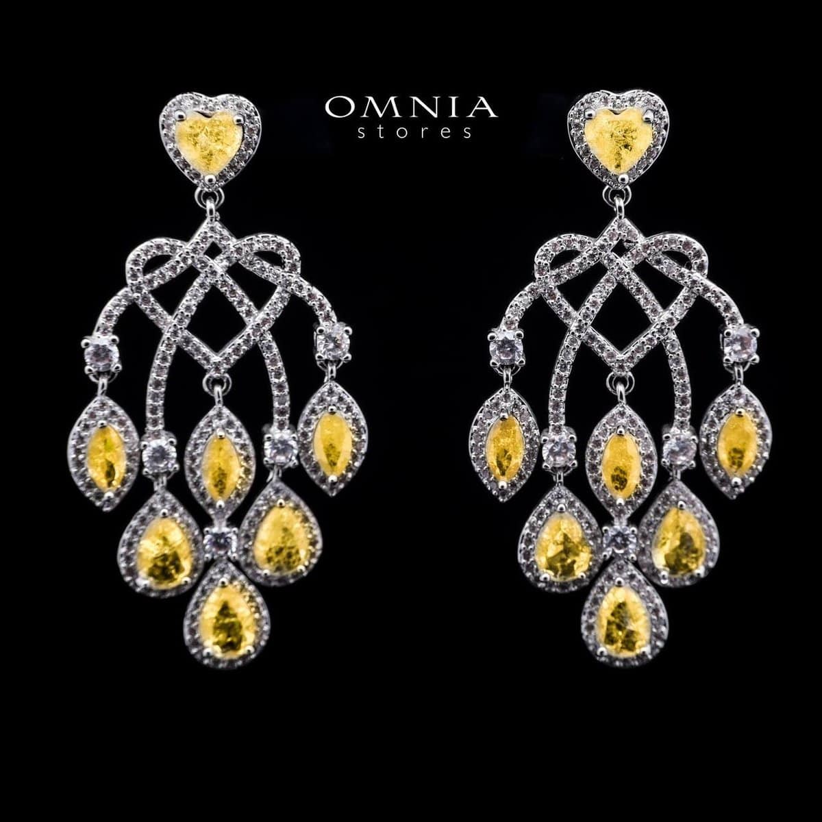 Omnia Celina Yellow Chandelier Earrings with Marquise and Heart-Cut High-Quality Zircon Stones in a Rhodium Plated Finish - OMNIASTORES UAE