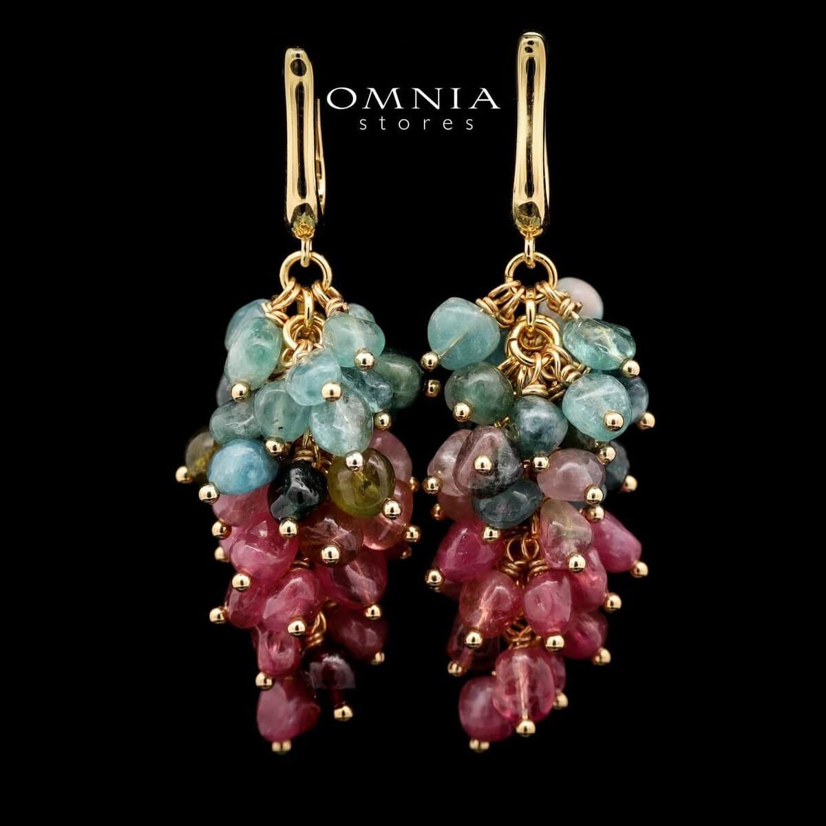 Omnia Aurora Tourmaline Cluster Drop Earrings in 92.5 Silver with Gold Plated Finish - OMNIASTORES UAE