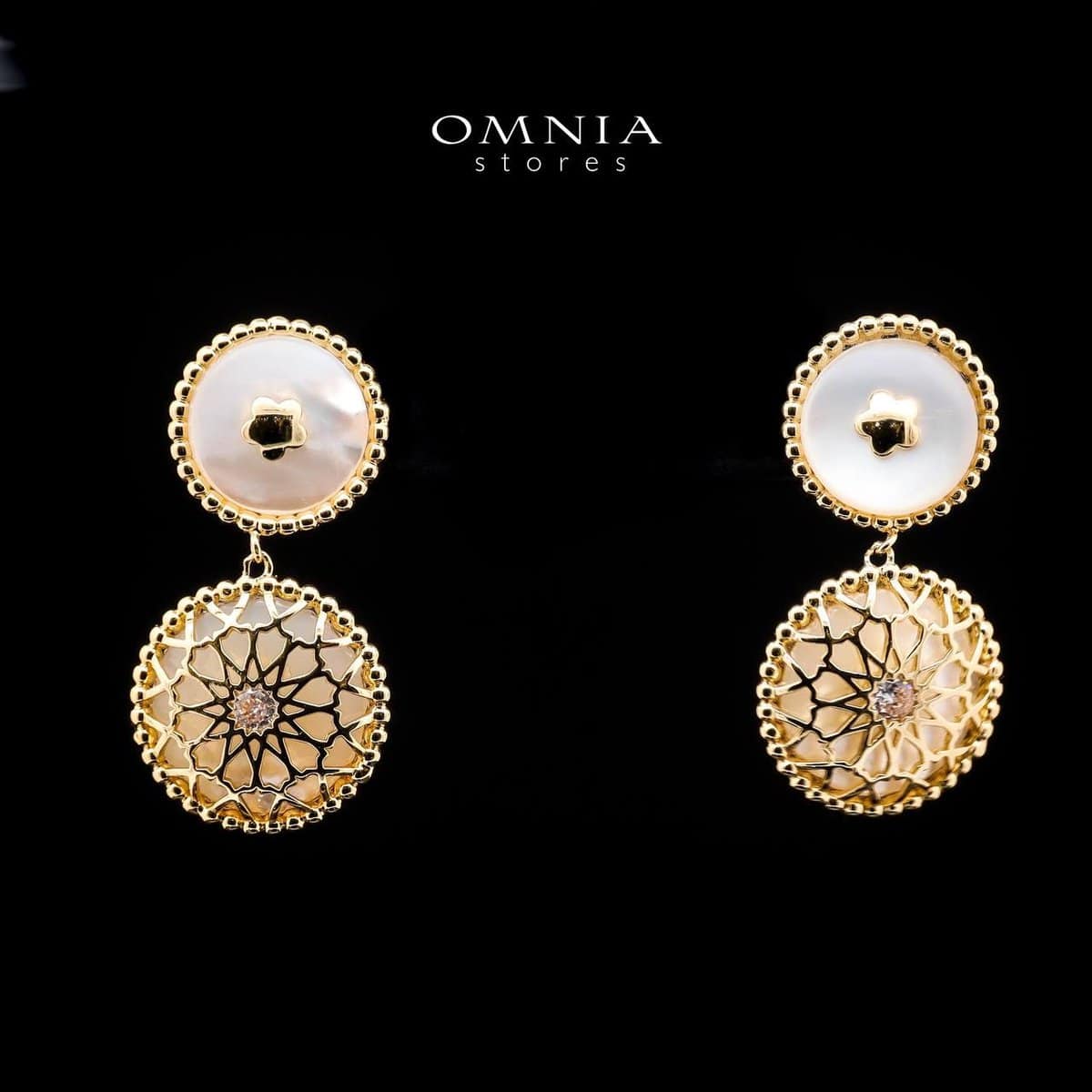 Omnia Asfar Dangle Earrings in Brass Gold Plated with Mother of Pearl - OMNIASTORES UAE