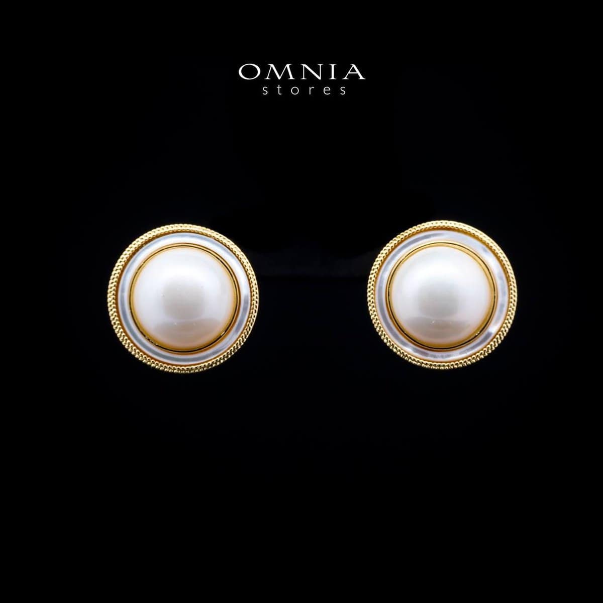 Omnia Leona White Mabel Pearl Classic Stud Earrings with Textured Beaded Frame in Brass with Gold Plated Finish - OMNIASTORES UAE
