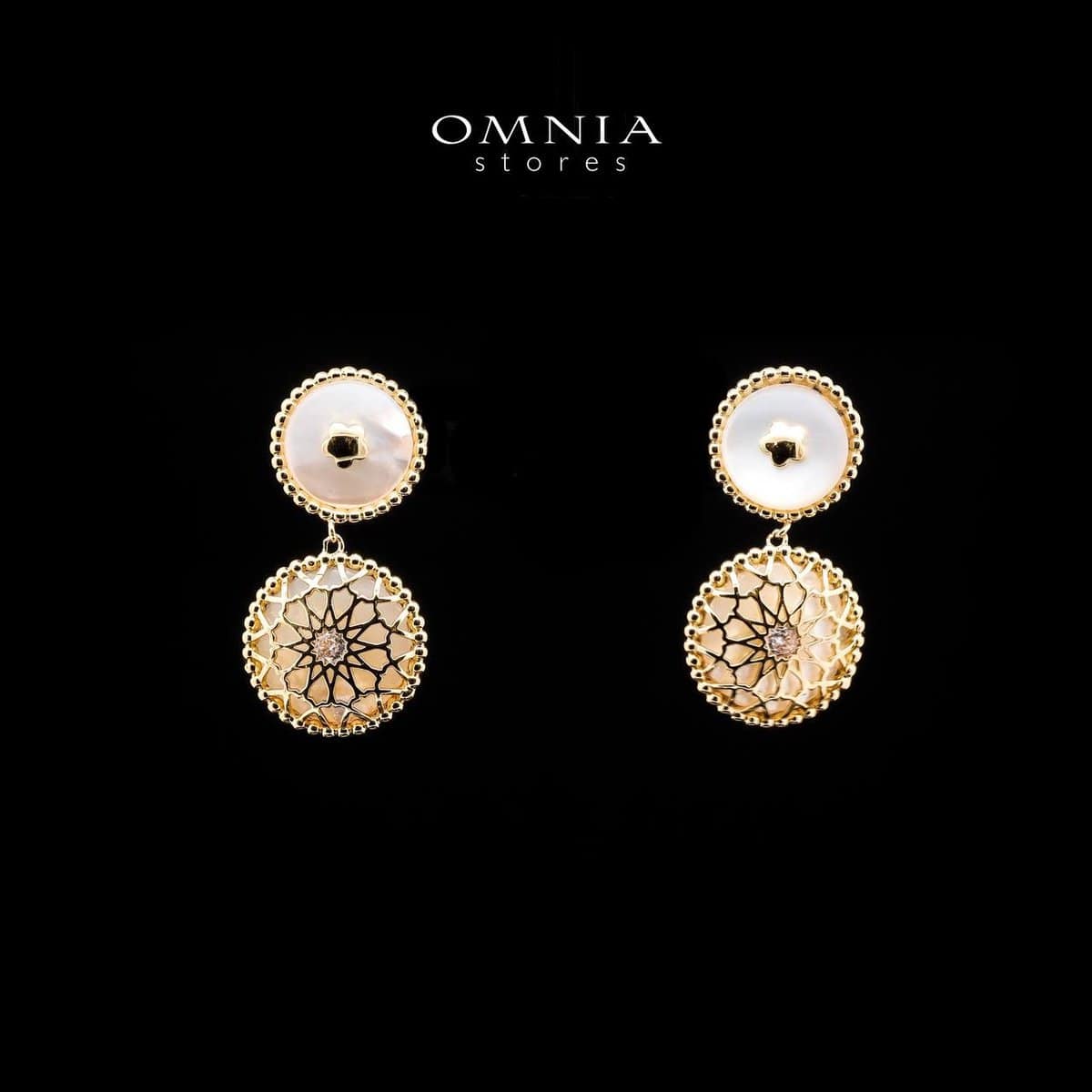 Omnia Asfar Dangle Earrings in Brass Gold Plated with Mother of Pearl - OMNIASTORES UAE
