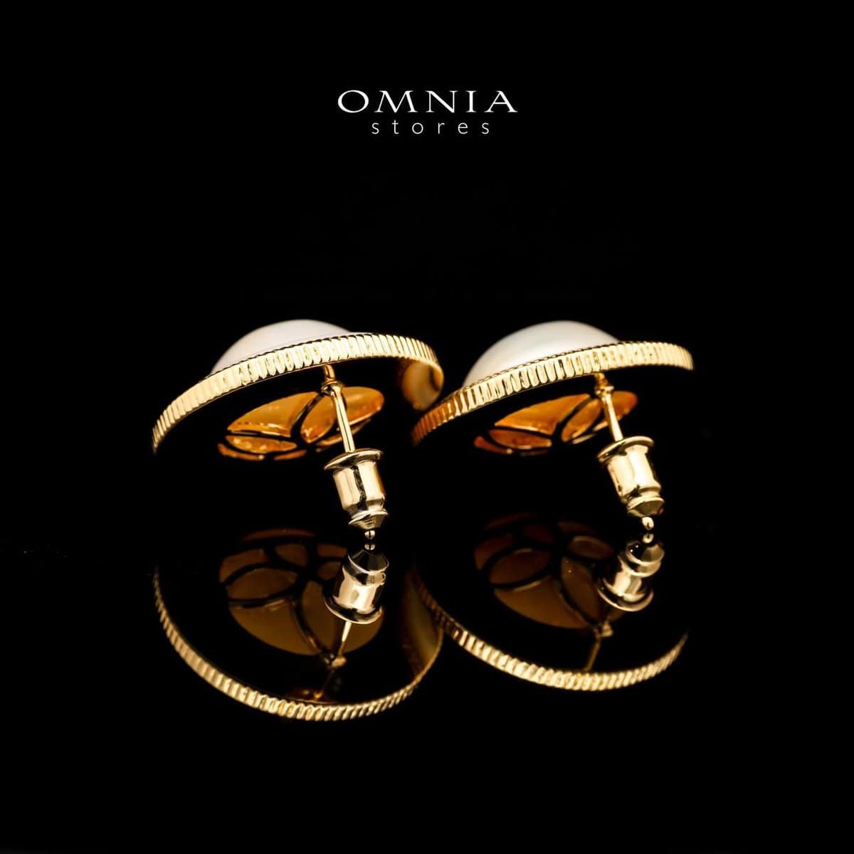Omnia Leona White Mabel Pearl Classic Stud Earrings with Textured Beaded Frame in Brass with Gold Plated Finish - OMNIASTORES UAE