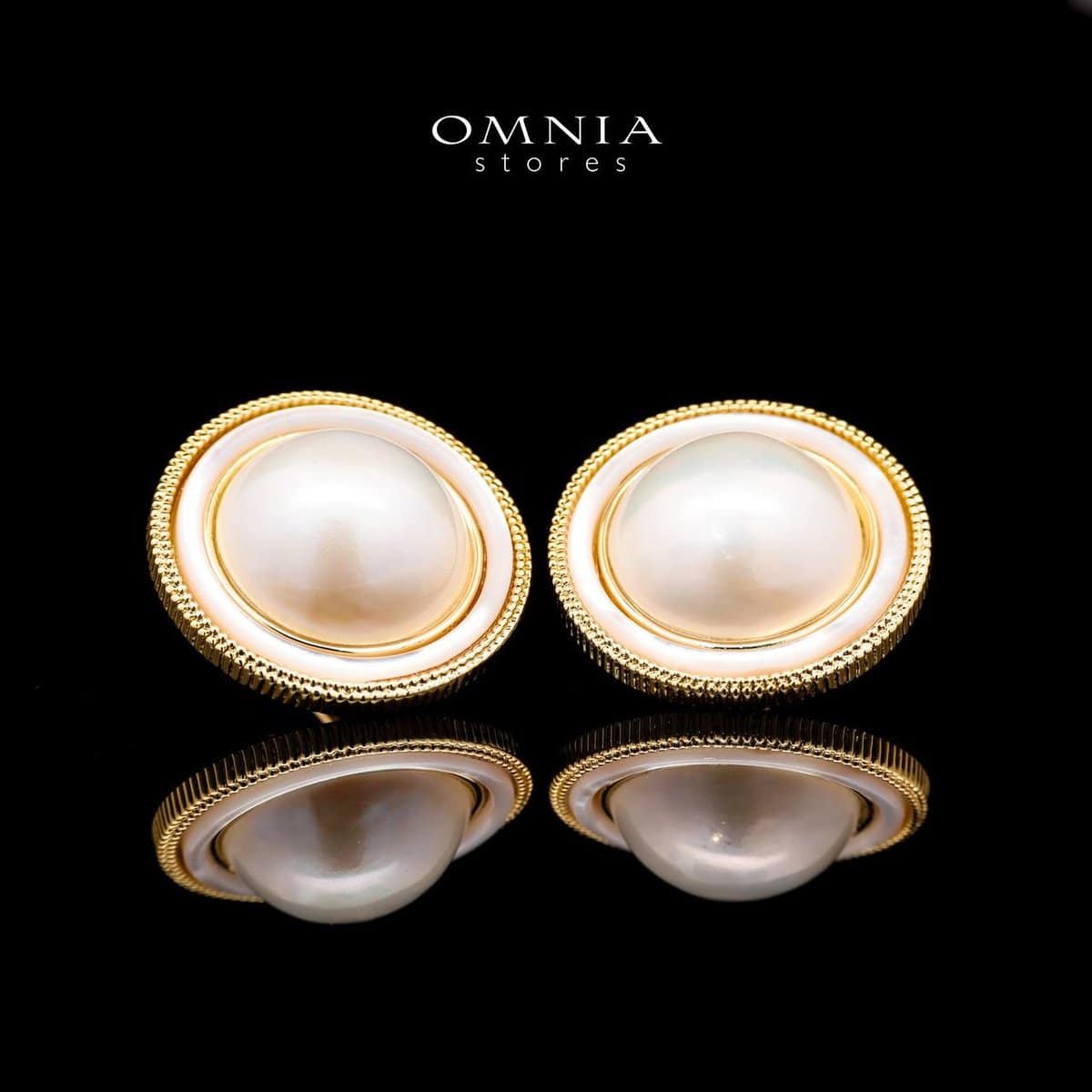 Omnia Leona White Mabel Pearl Classic Stud Earrings with Textured Beaded Frame in Brass with Gold Plated Finish - OMNIASTORES UAE