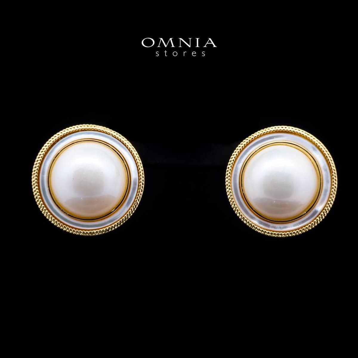 Omnia Leona White Mabel Pearl Classic Stud Earrings with Textured Beaded Frame in Brass with Gold Plated Finish - OMNIASTORES UAE