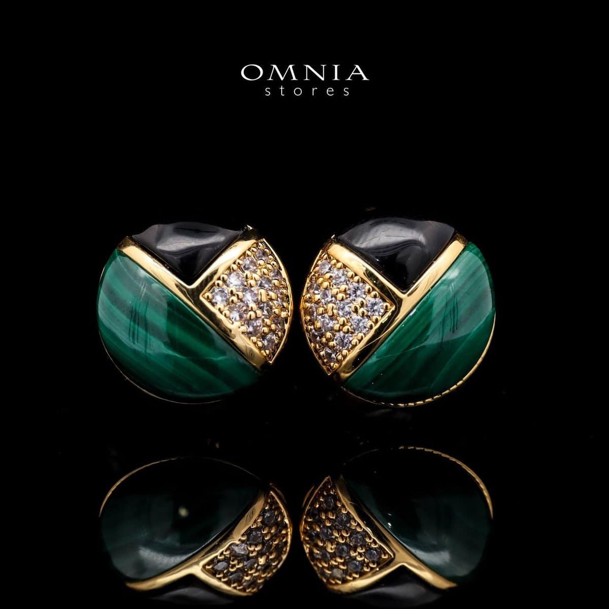 Omnia Selene Malachite and Black Agate Geometric Stud Earrings with Zircon Accents in Brass with Gold Plated Finish - OMNIASTORES UAE