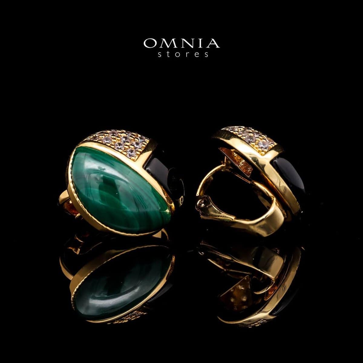 Omnia Selene Malachite and Black Agate Geometric Stud Earrings with Zircon Accents in Brass with Gold Plated Finish - OMNIASTORES UAE