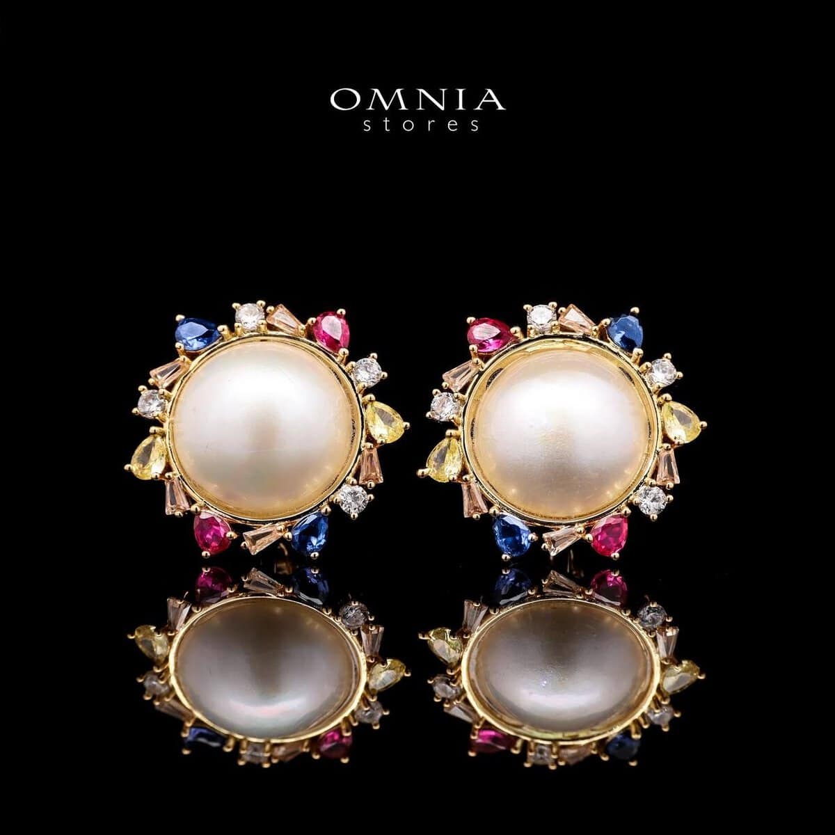 Omnia Serena White Mabel Pearl Halo Stud Earrings with Multi-Color Zircon Accents in Brass with Gold Plated Finish - OMNIASTORES UAE
