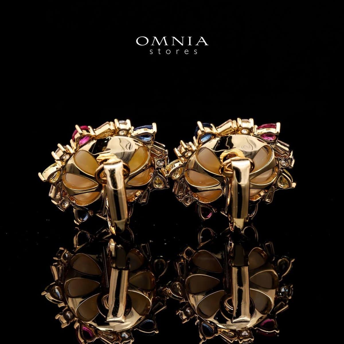 Omnia Serena White Mabel Pearl Halo Stud Earrings with Multi-Color Zircon Accents in Brass with Gold Plated Finish - OMNIASTORES UAE