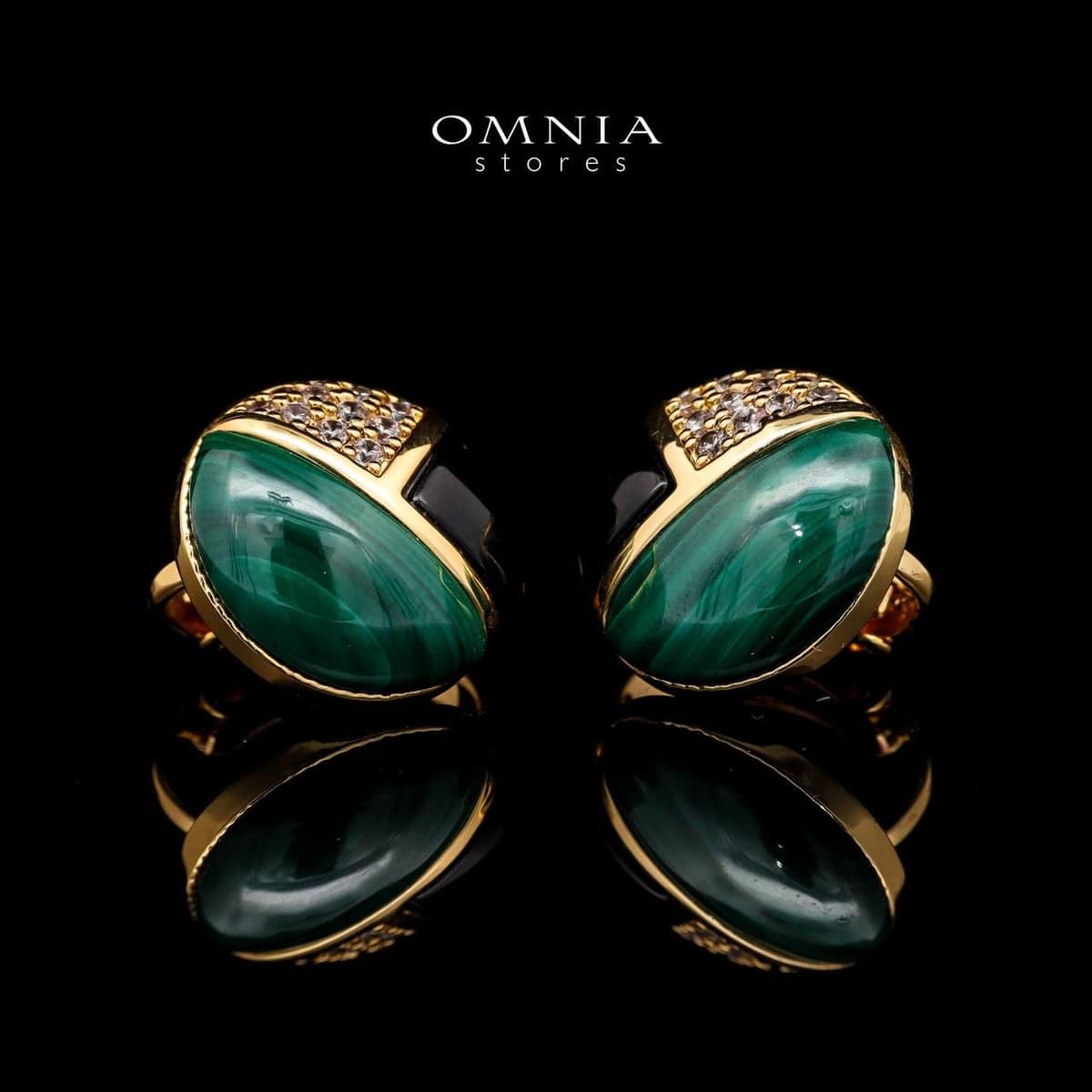 Omnia Selene Malachite and Black Agate Geometric Stud Earrings with Zircon Accents in Brass with Gold Plated Finish - OMNIASTORES UAE