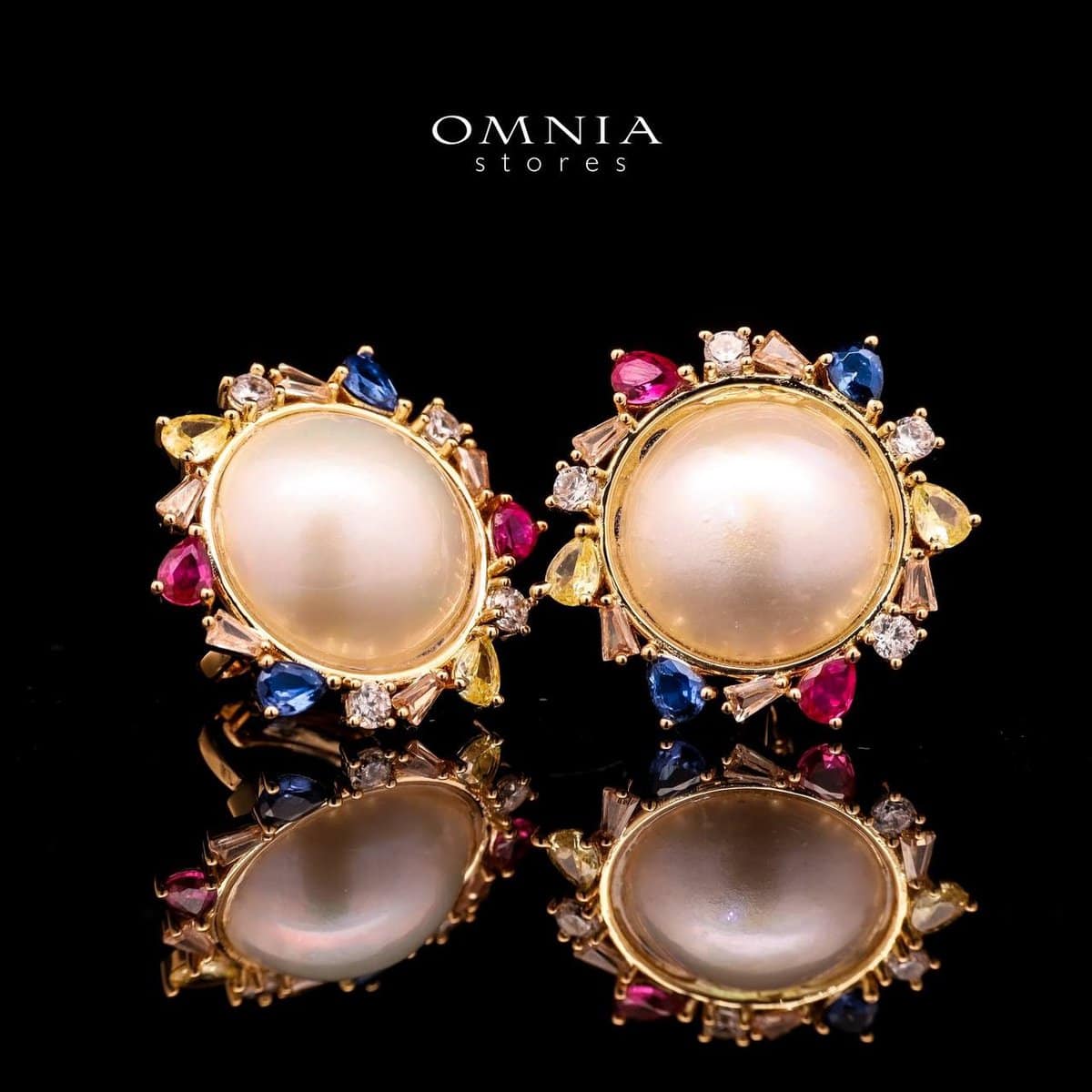 Omnia Serena White Mabel Pearl Halo Stud Earrings with Multi-Color Zircon Accents in Brass with Gold Plated Finish - OMNIASTORES UAE