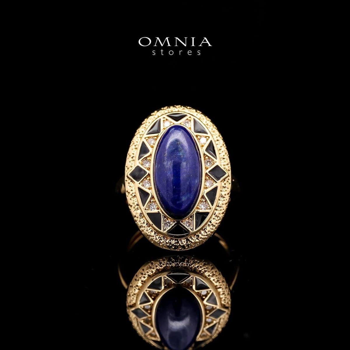 Omnia Layal Vintage Oval Lapis Statement Ring with Geometric Detailing in Brass with Gold Plated Finish - OMNIASTORES UAE
