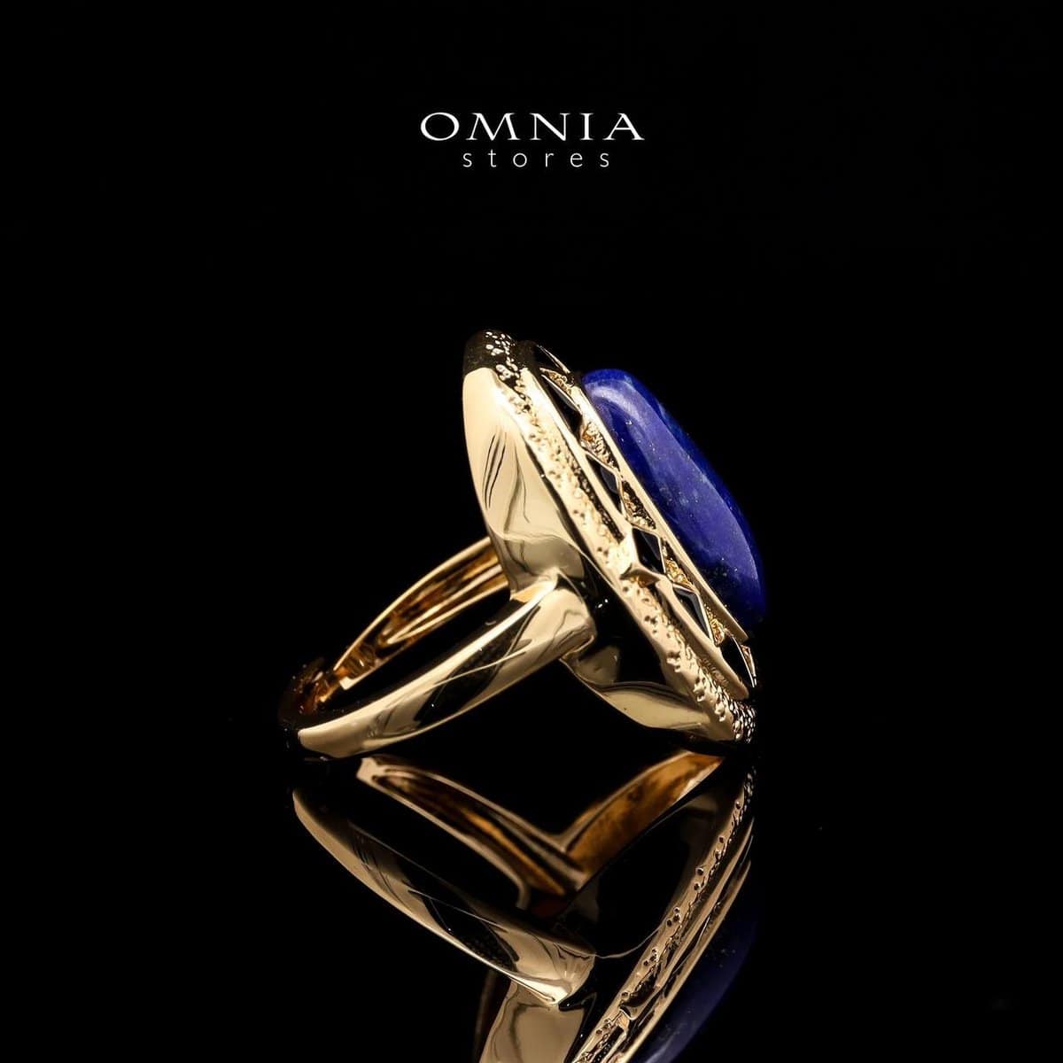 Omnia Layal Vintage Oval Lapis Statement Ring with Geometric Detailing in Brass with Gold Plated Finish - OMNIASTORES UAE