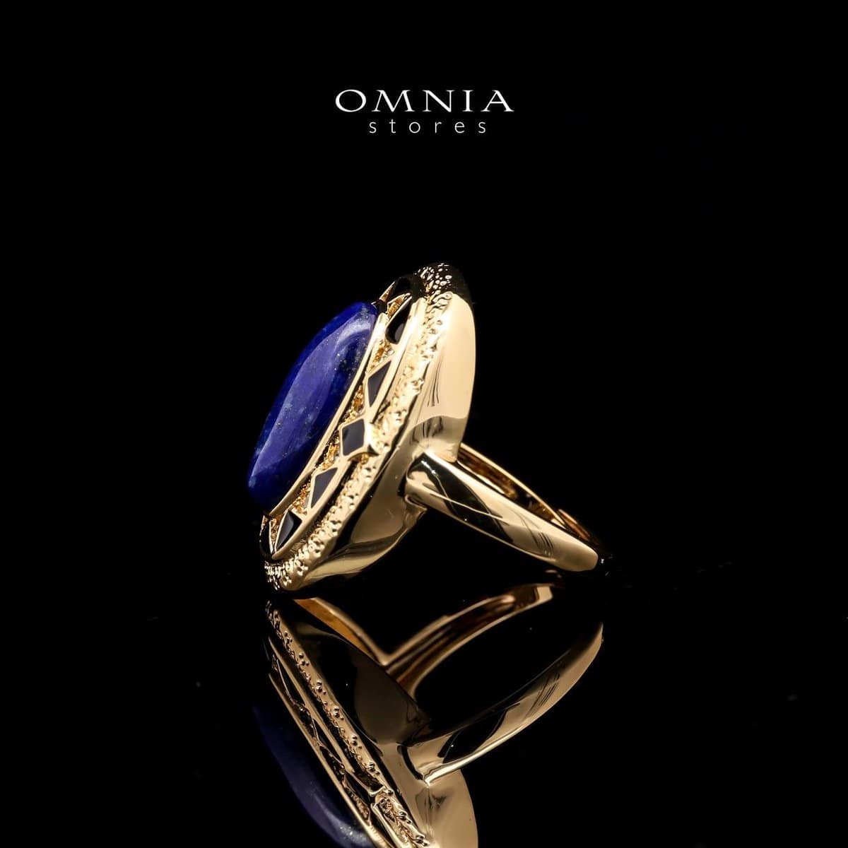 Omnia Layal Vintage Oval Lapis Statement Ring with Geometric Detailing in Brass with Gold Plated Finish - OMNIASTORES UAE
