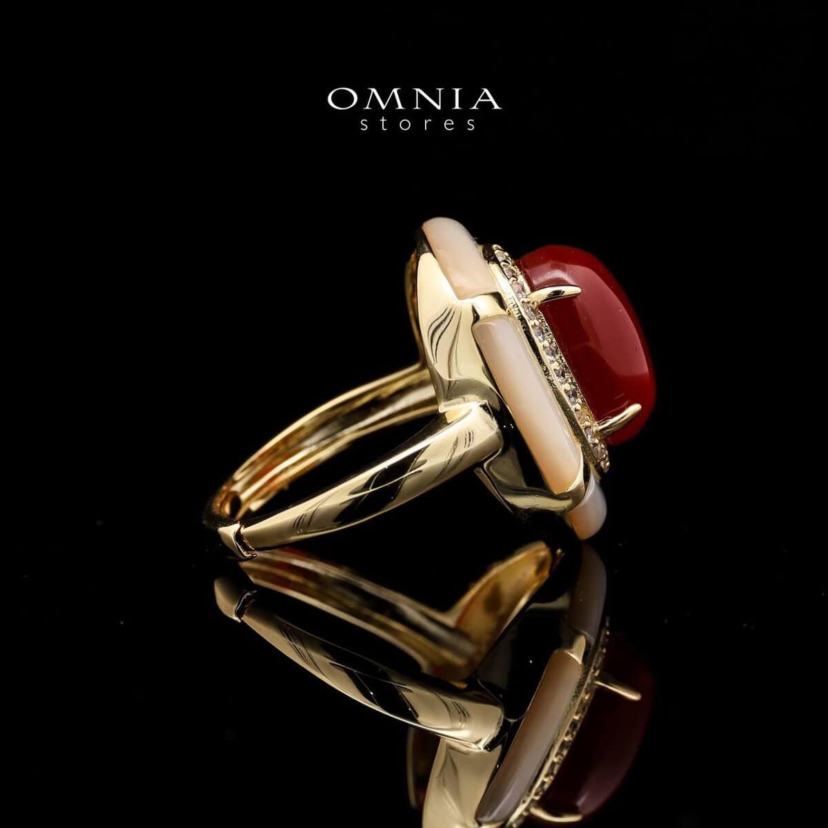 Omnia Ayesha Ring in Brass Gold Plated with White Shell & Red Agate - OMNIASTORES UAE