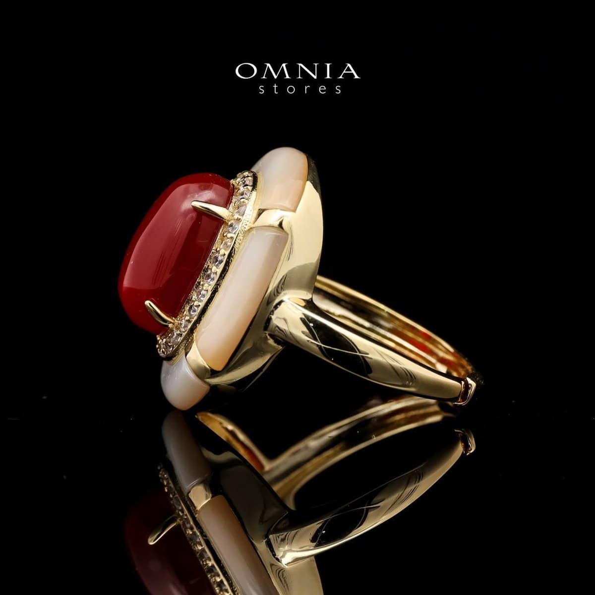 Omnia Ayesha Ring in Brass Gold Plated with White Shell & Red Agate - OMNIASTORES UAE