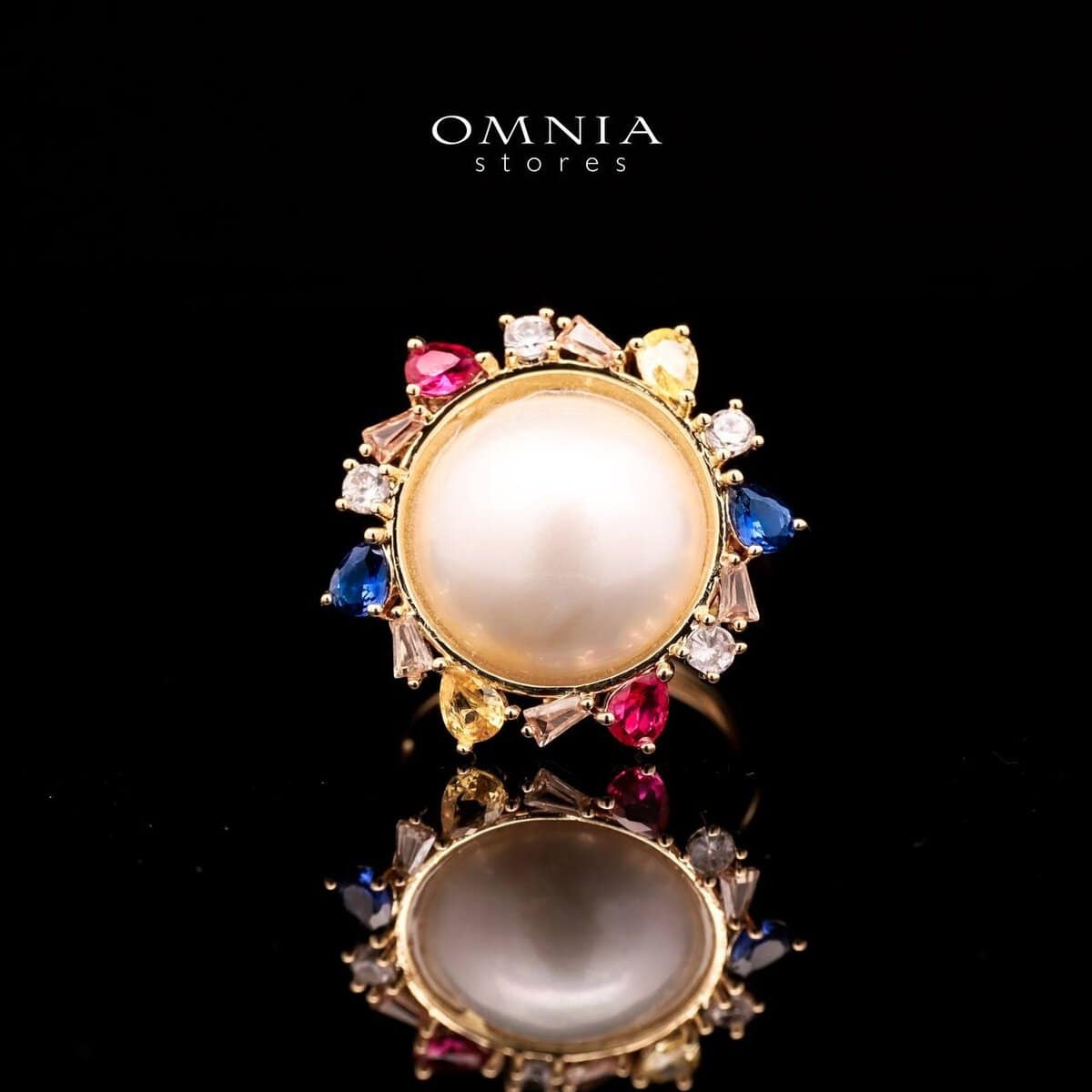 Omnia Serena White Mabel Pearl Halo Ring with Multi-Color Zircon Accents in Brass with Gold Plated Finish - OMNIASTORES UAE