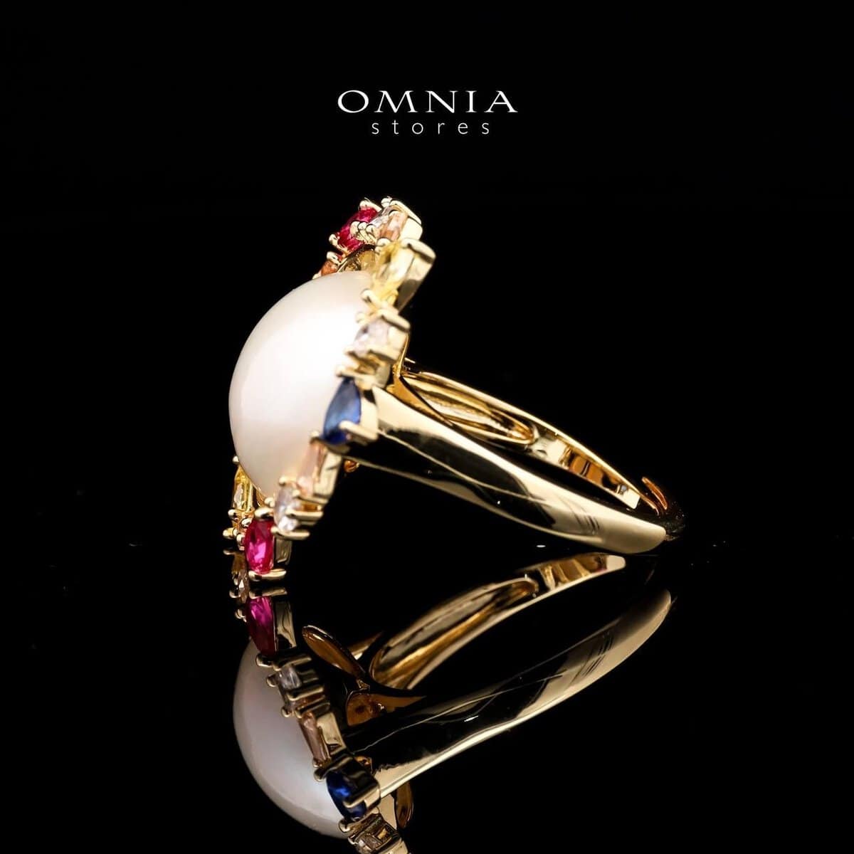 Omnia Serena White Mabel Pearl Halo Ring with Multi-Color Zircon Accents in Brass with Gold Plated Finish - OMNIASTORES UAE