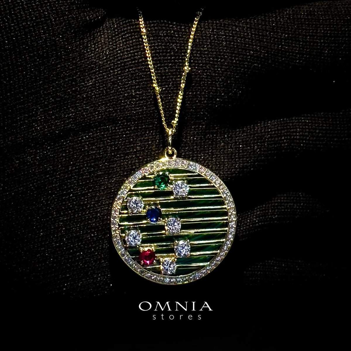 Omnia Celestia Malachite Round Pendant Necklace with Multi-Color Zircon Accents in Brass with Gold Plated Finish - OMNIASTORES UAE