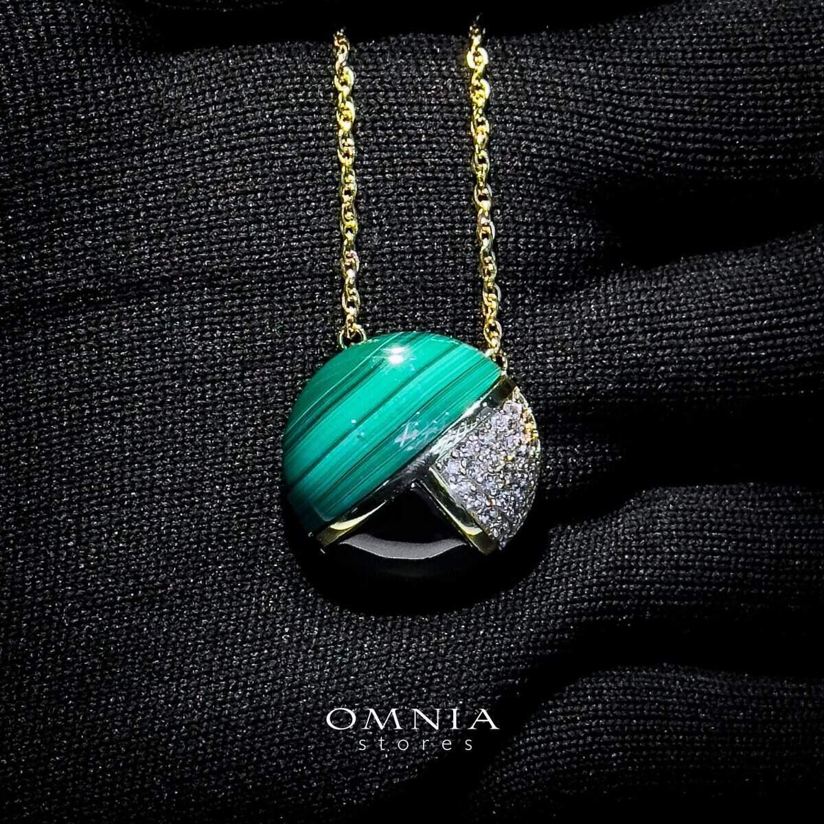 Omnia Selene Malachite and Black Agate Geometric Pendant Necklace with Zircon Accents in 92.5 Silver and Brass with Gold Plated Finish - OMNIASTORES UAE