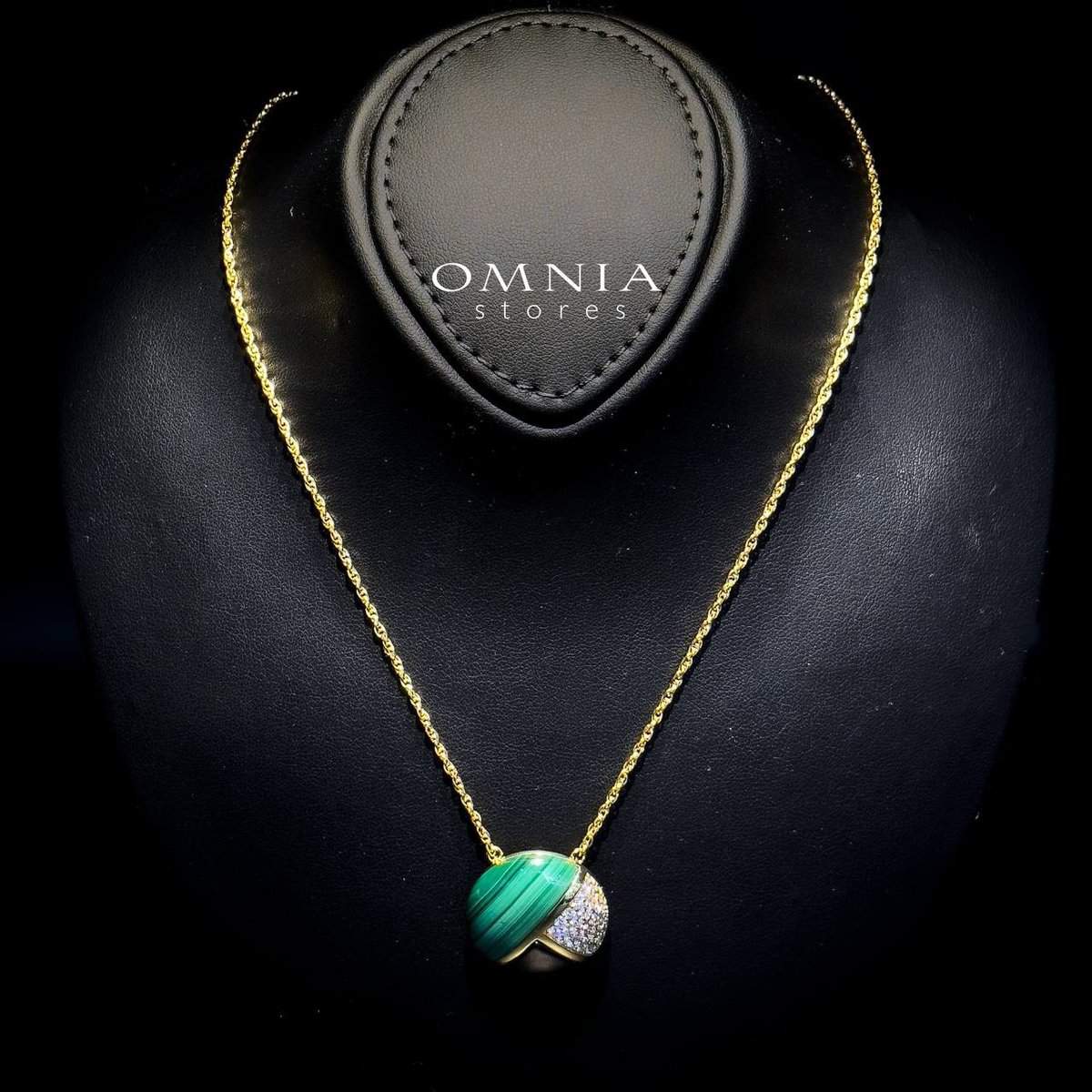 Omnia Selene Malachite and Black Agate Geometric Pendant Necklace with Zircon Accents in 92.5 Silver and Brass with Gold Plated Finish - OMNIASTORES UAE