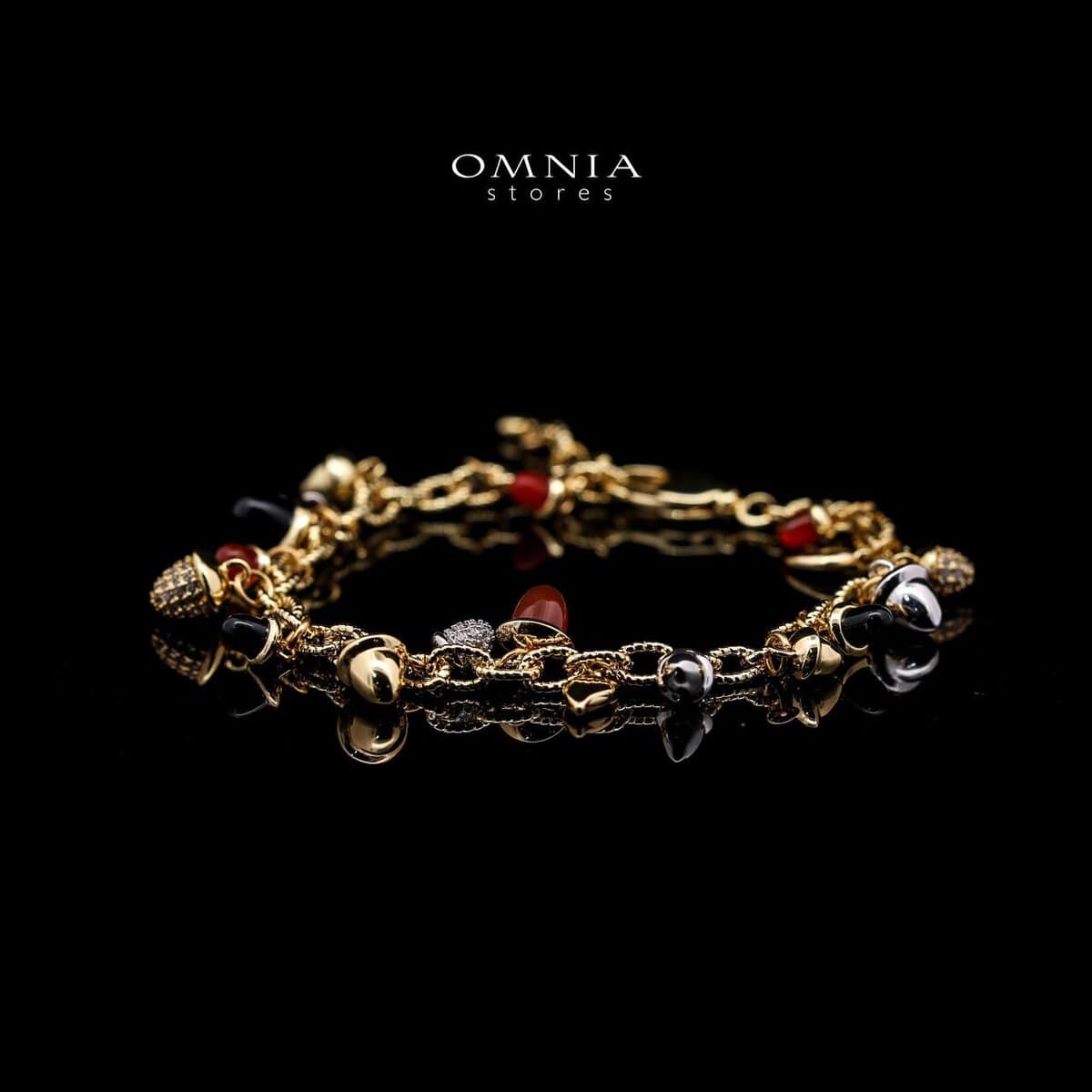 Omnia Sienna Black Agate and Red Agate Charm Bracelet with Zircon Accents in Brass with Gold Plated Finish - OMNIASTORES UAE