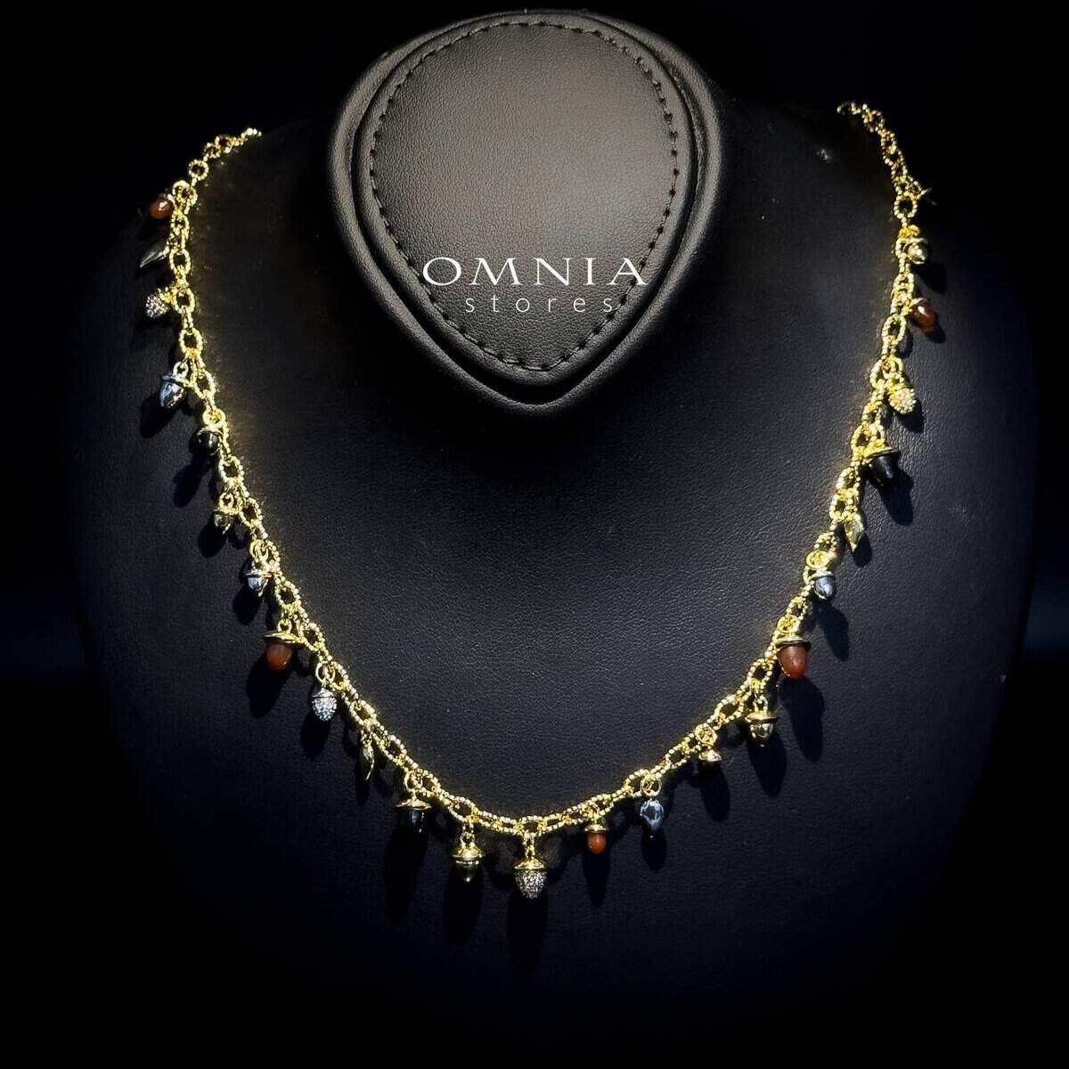 Omnia Sienna Black Agate and Red Agate Charm Necklace with Zircon Accents in Brass with Gold Plated Finish - OMNIASTORES UAE