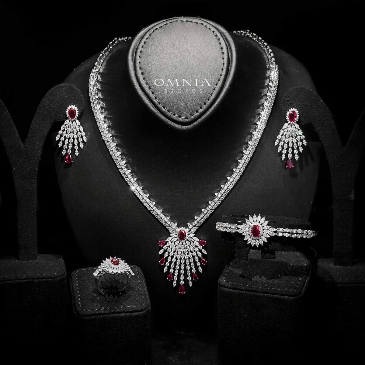 Omnia Asmaa Maroon Bridal Full Set with Sparkling Zircon Stones in High-Quality Rhodium Plated Finish - OMNIASTORES UAE