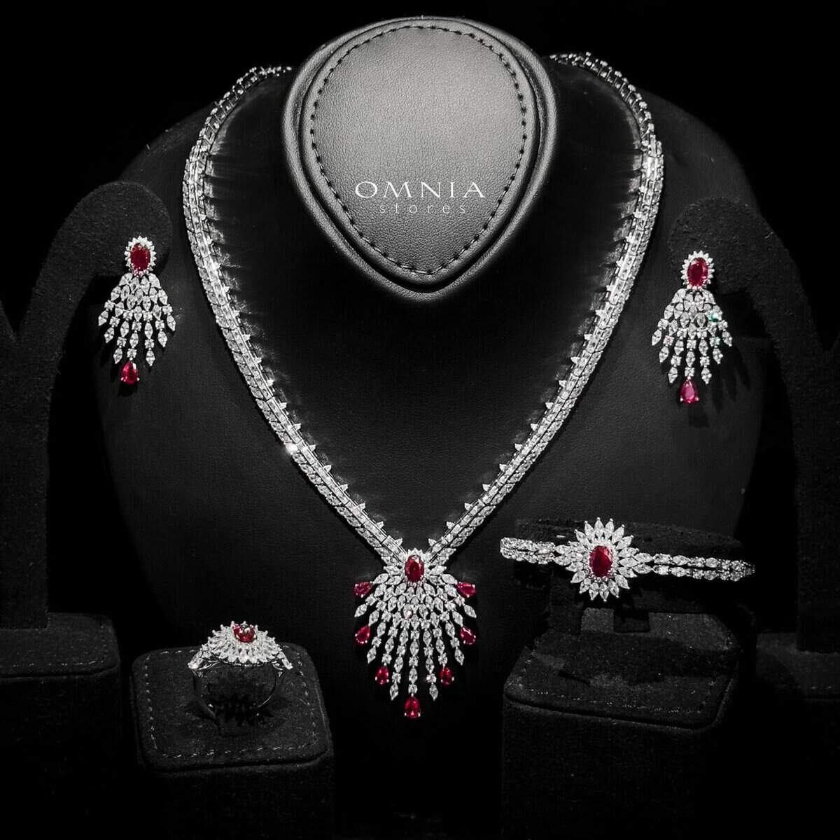 Omnia Asmaa Maroon Bridal Full Set with Sparkling Zircon Stones in High-Quality Rhodium Plated Finish - OMNIASTORES UAE