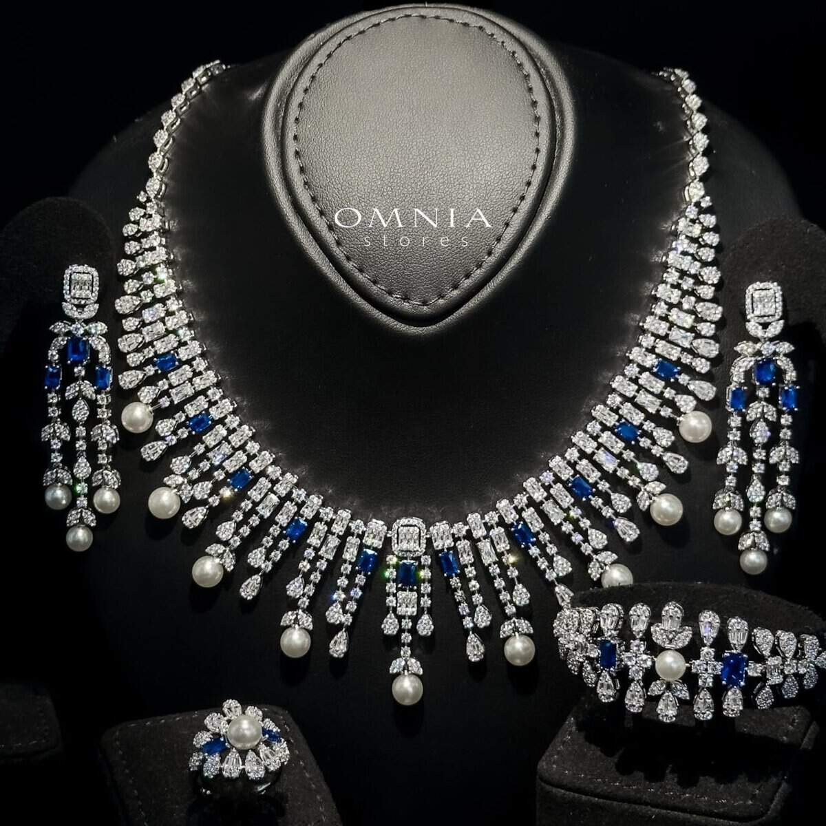 Omnia Sirella Blue Bridal Full Set with Intricate Cascading Zircon and Pearl Design in High-Quality Rhodium Plated - OMNIASTORES UAE