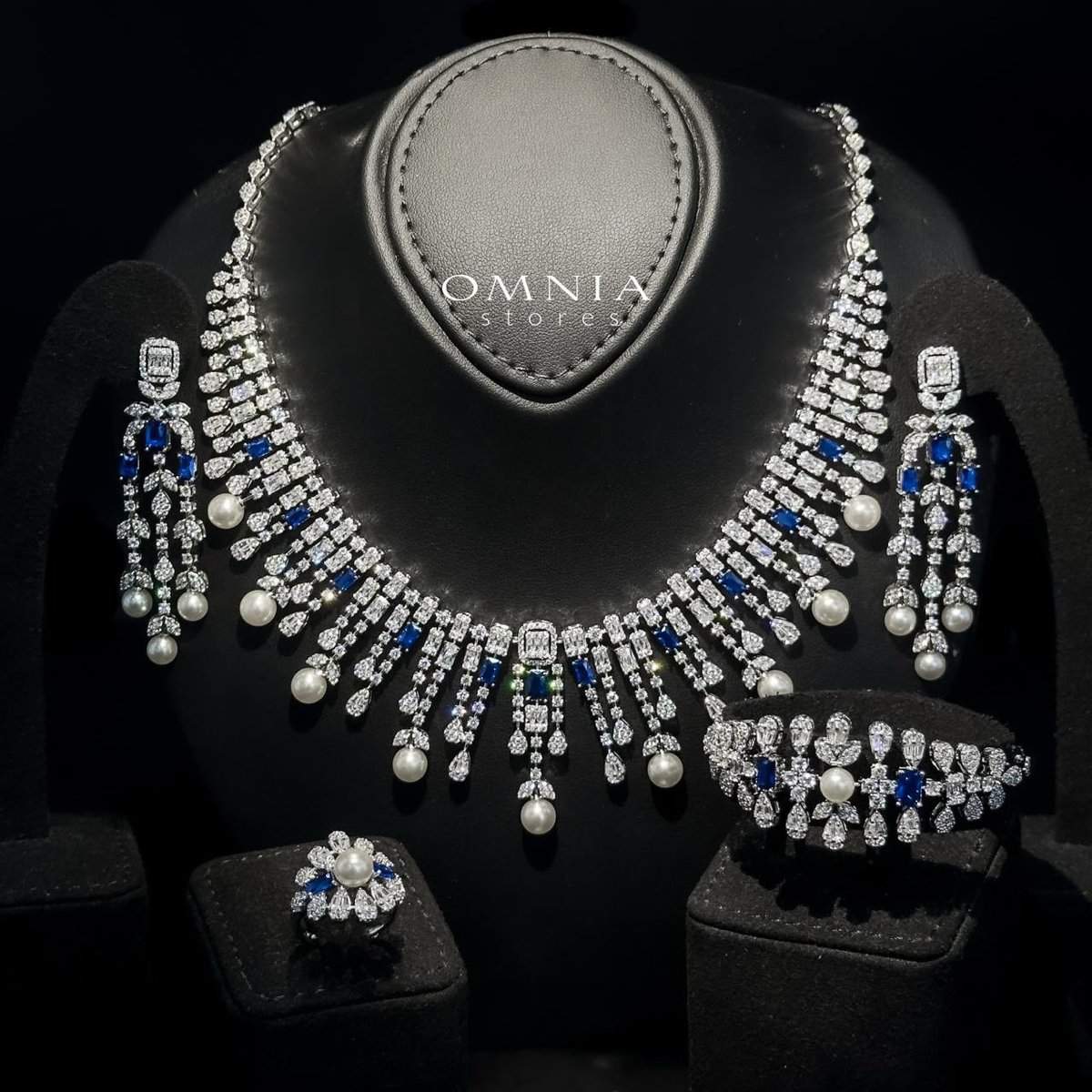 Omnia Sirella Blue Bridal Full Set with Intricate Cascading Zircon and Pearl Design in High-Quality Rhodium Plated - OMNIASTORES UAE