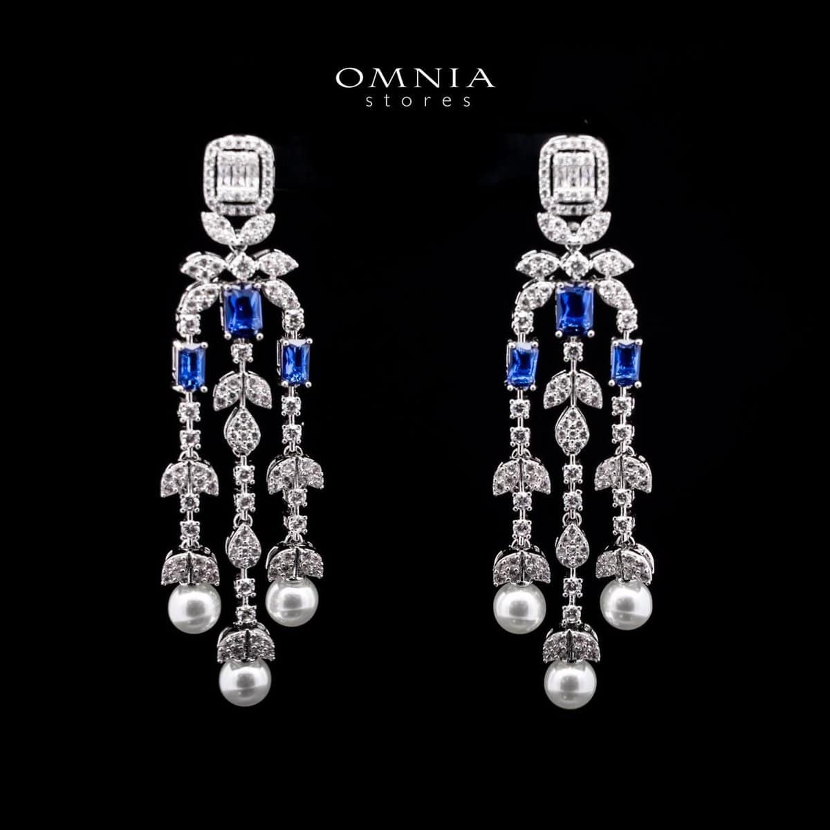 Omnia Sirella Blue Bridal Full Set with Intricate Cascading Zircon and Pearl Design in High-Quality Rhodium Plated - OMNIASTORES UAE