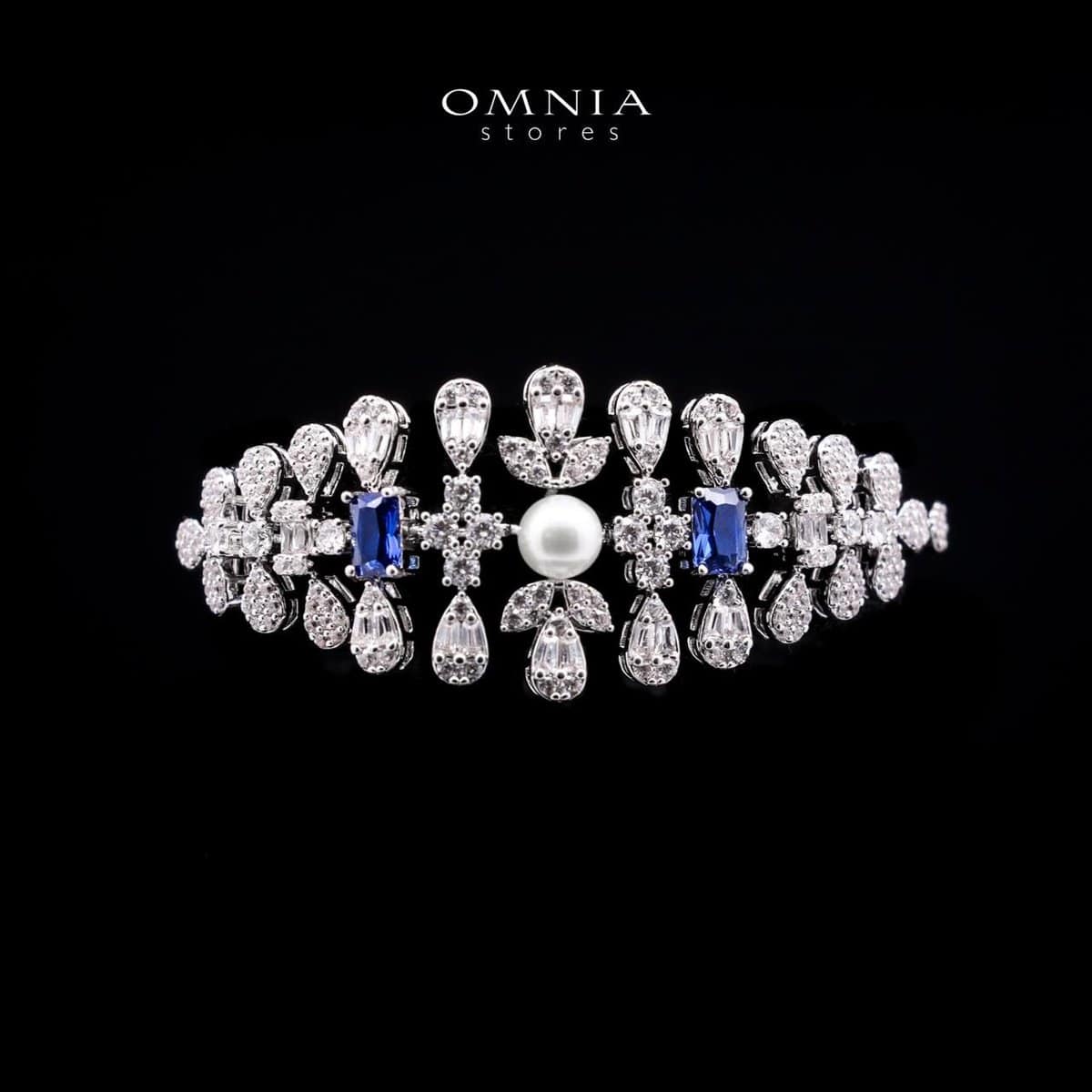 Omnia Sirella Blue Bridal Full Set with Intricate Cascading Zircon and Pearl Design in High-Quality Rhodium Plated - OMNIASTORES UAE