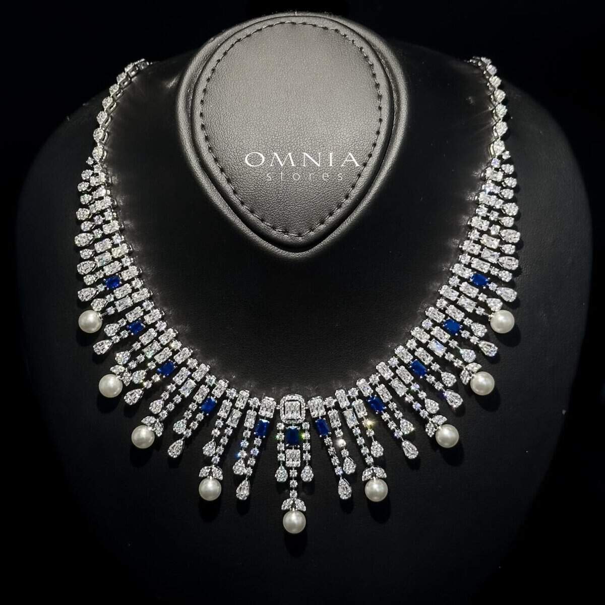 Omnia Sirella Blue Bridal Full Set with Intricate Cascading Zircon and Pearl Design in High-Quality Rhodium Plated - OMNIASTORES UAE