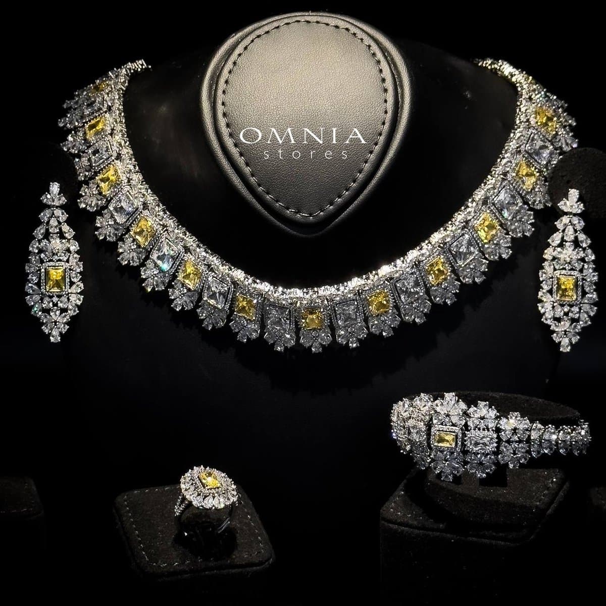 Omnia Avelia Yellow and White Bridal Choker Full Set with Square-Cut Zircon and Floral Accents in High-Quality Rhodium Plated - OMNIASTORES UAE