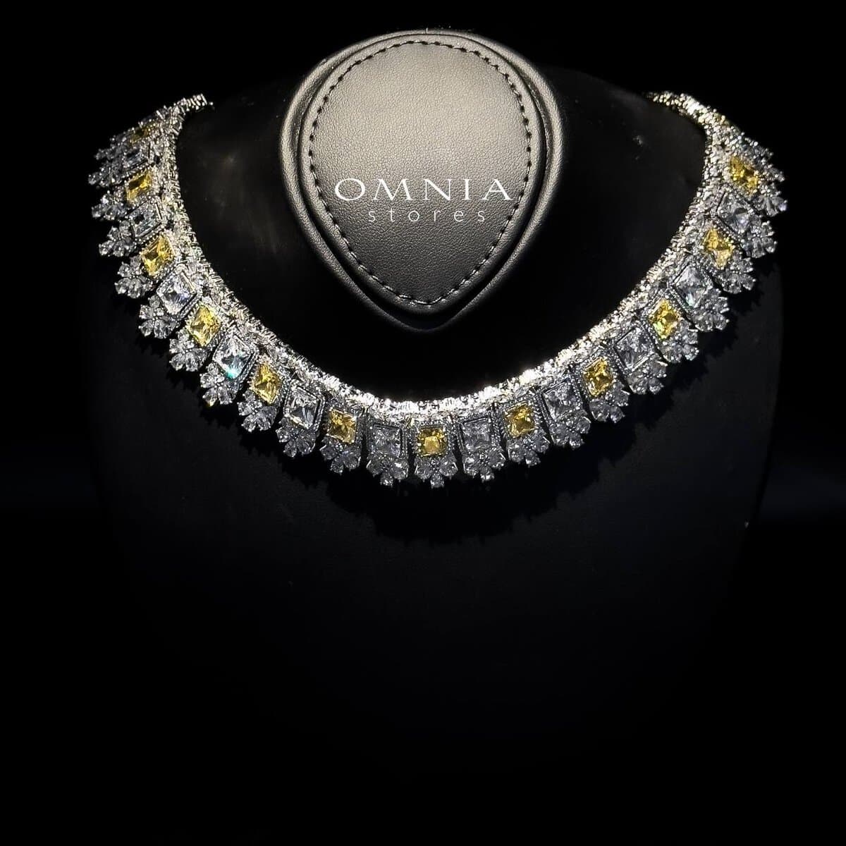 Omnia Avelia Yellow and White Bridal Choker Full Set with Square-Cut Zircon and Floral Accents in High-Quality Rhodium Plated - OMNIASTORES UAE